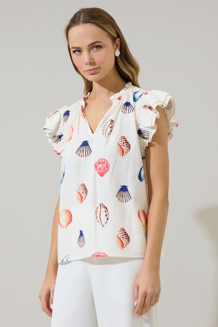 Kara Shells Risette Ruffle Split Neck Top
