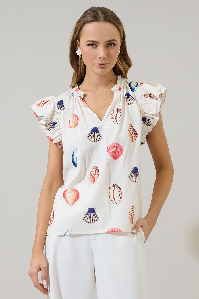 Kara Shells Risette Ruffle Split Neck Top