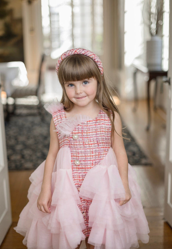Kellie Pink Tweed Headband styled on toddler with matching pink tweed and layered tulle dress – elegant girls special occasion and birthday headband.