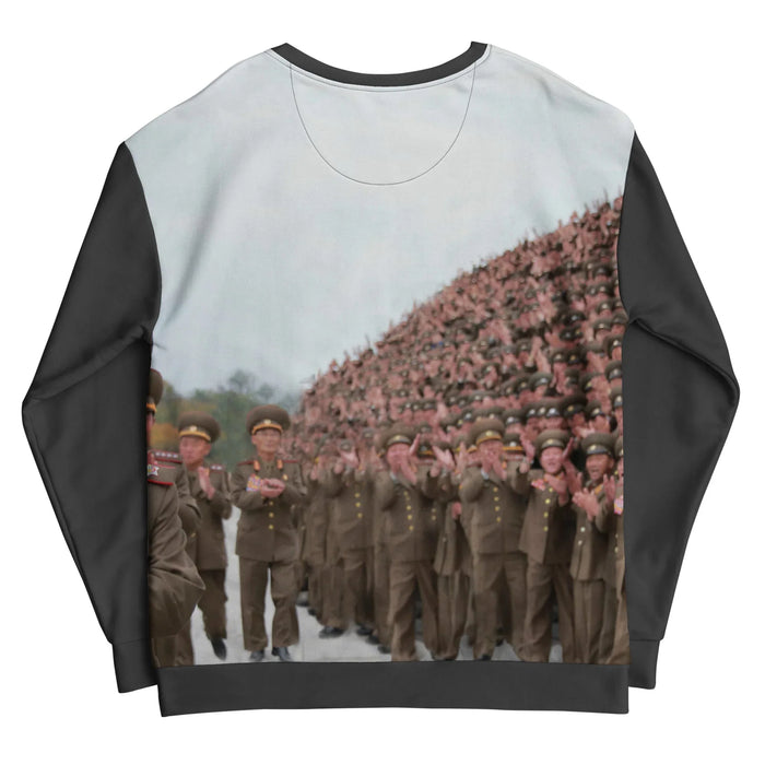 Kim Jong Represent Sweatshirt - The digitally manipulated complex finger-knotting gesture contrasted against the formal lapels of the leader's black trench coat (#0F0F0F).