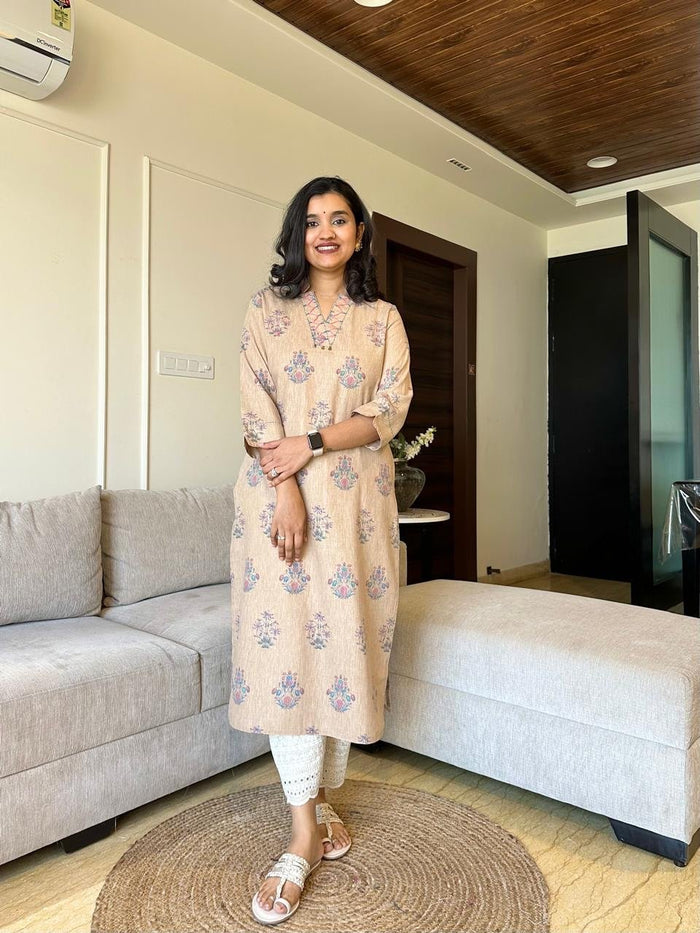 Lara Straight Boota Kurta- Earthy
