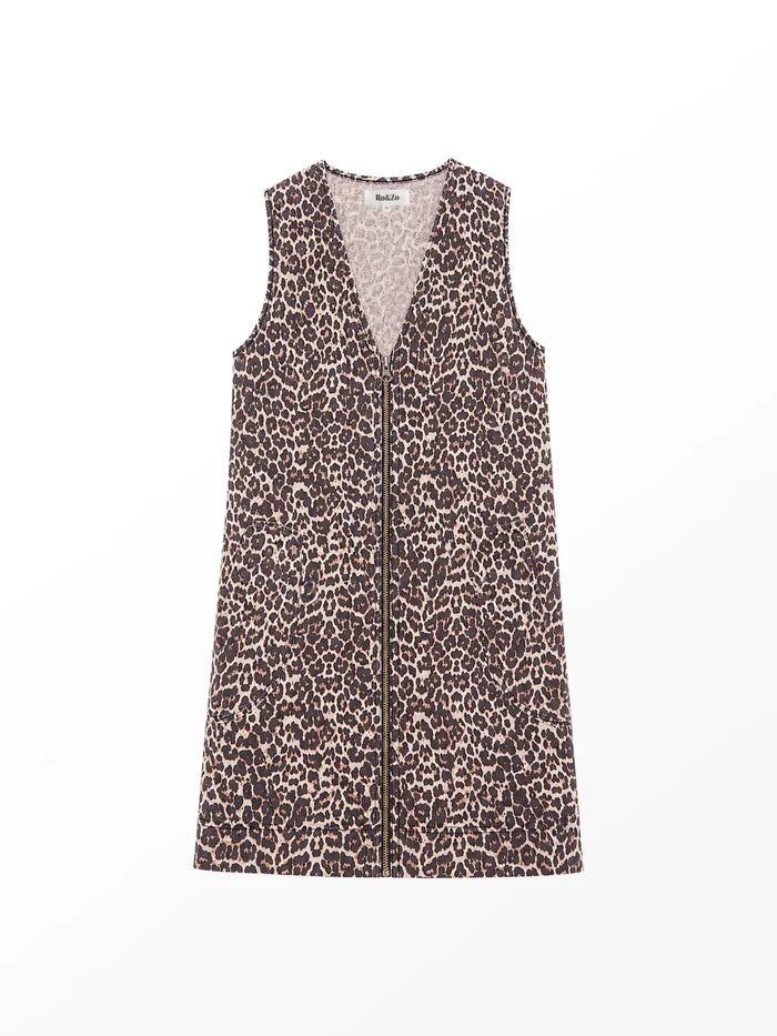 Leopard Print Denim Zip Front Mini Dress