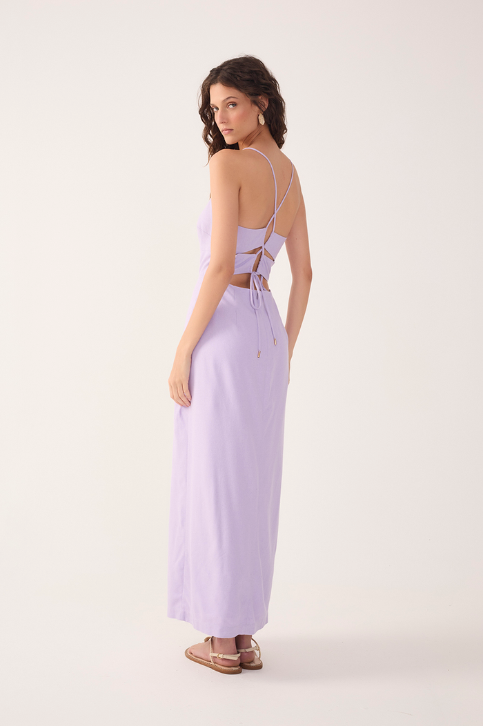 Lilac Topstitching Slit Midi Dress_6