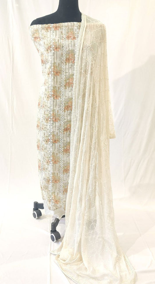 Linen Machine Work Suit  With Shiffon Dupatta