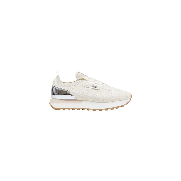 Image 1 : Sneaker femme Liu Jo en maille knit beige avec insert miroir argenté au talon et semelle caramel, vue de profil droit — Delvale