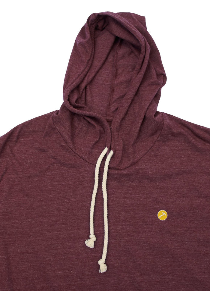 The LS Hooded Logo Tee is a maroon hoodie featuring white drawstrings and a small yellow circular logo on the chest.