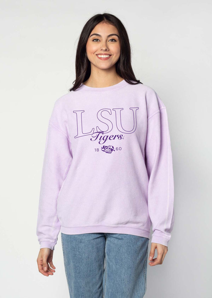LSU Tigers Unisex Lilac-Purple Oversized Premium cotton corded fleece Sweatshirt with Super soft hand feel, vintage wash and ribbed crew neckline, cuffs, and hemline