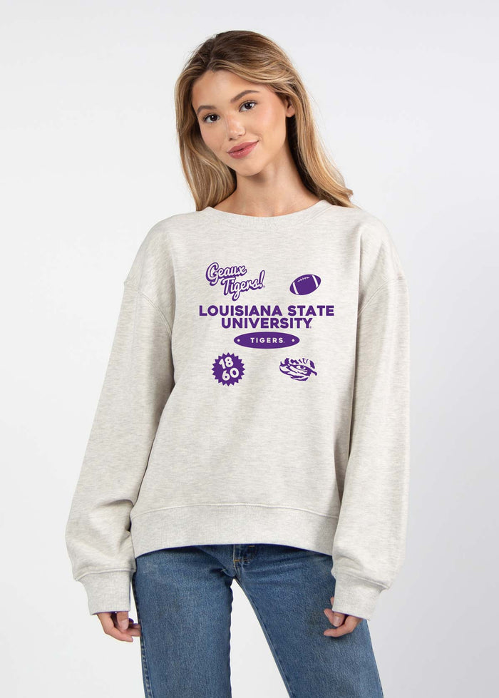 LSU Tigers Women's Ash-Grey Relaxed Heavyweight Fleece Sweatshirt with Dropped shoulders, crew neckline, back center seam and ribbed neckline, cuffs and hem