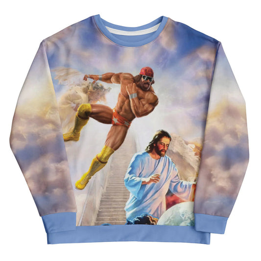 Set against ethereal azure skies and soft cumulus clouds, a sun-bronzed 1980s wrestling icon soars in a dynamic mid-air pose. Contact us with accessibility feedback, we'd love to help!