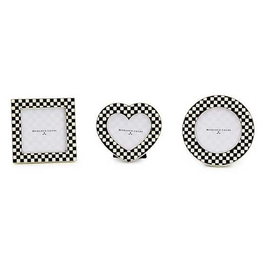 black and white check frames in the shape of a square, heart, or circle