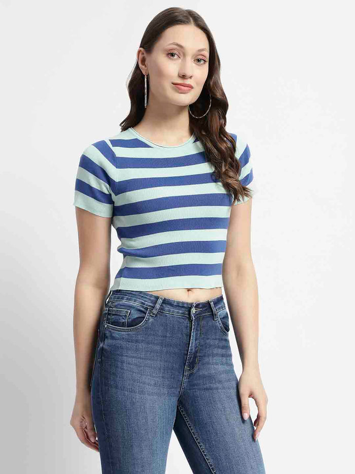 Madame Crew Neck Blue Striped Half Sleeve Crop Top