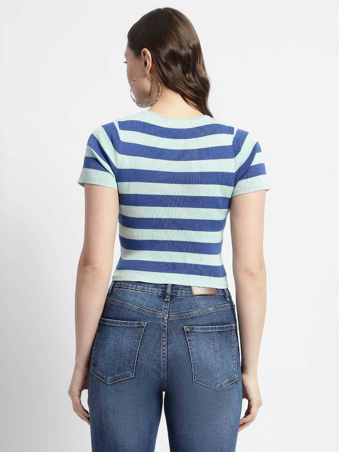 Madame Crew Neck Blue Striped Half Sleeve Crop Top