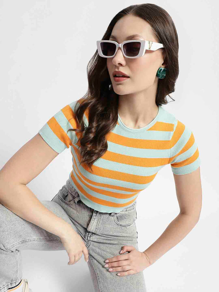 Madame Crew Neck Orange Striped Half Sleeve Crop Top