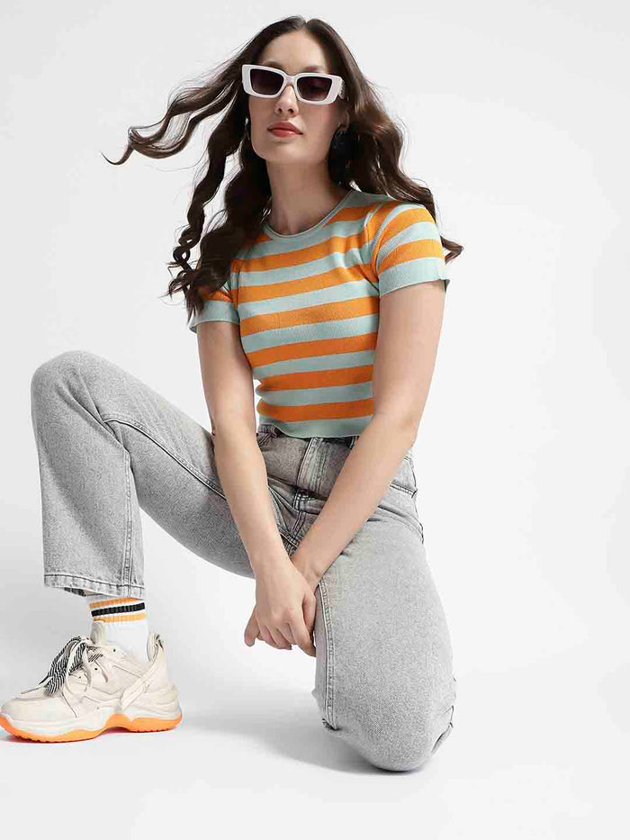 Madame Crew Neck Orange Striped Half Sleeve Crop Top