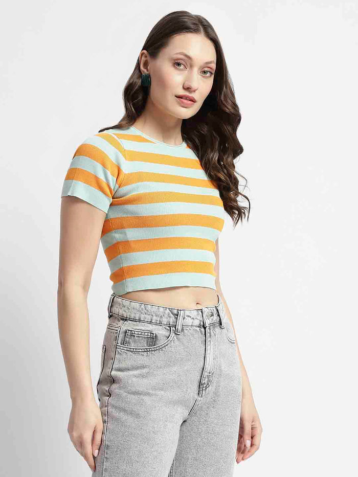 Madame Crew Neck Orange Striped Half Sleeve Crop Top