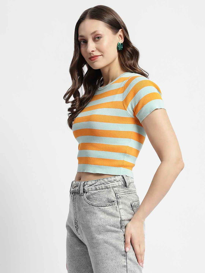 Madame Crew Neck Orange Striped Half Sleeve Crop Top