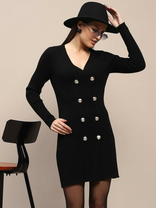 Madame Double Breasted V Neck Black Knitted Mini Dress