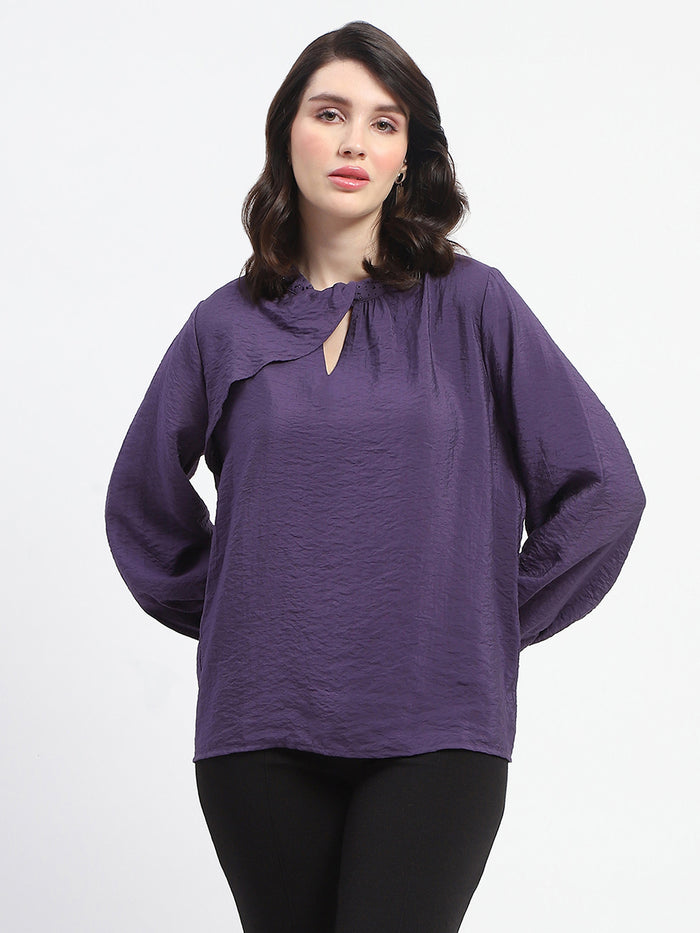 Madame Embellished Collar Ban Neck Solid Purple Top
