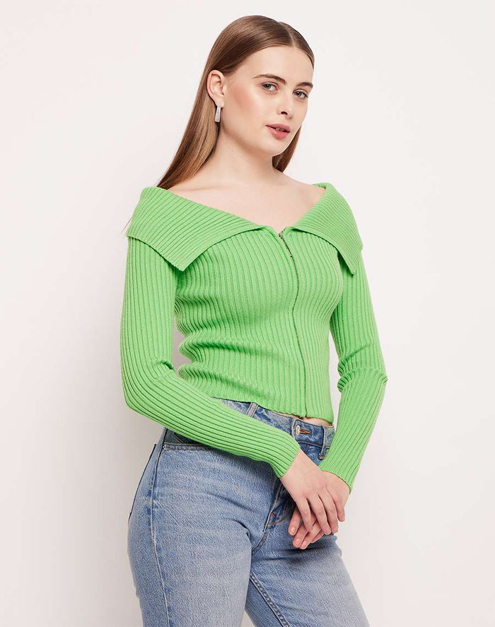 Madame Flap Collar Green Knit Top