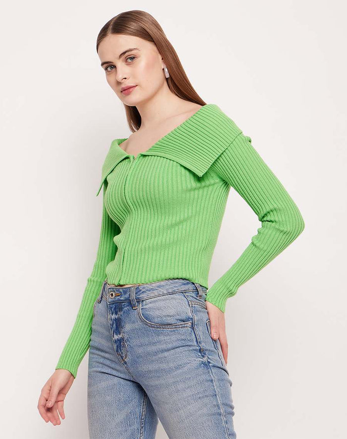 Madame Flap Collar Green Knit Top