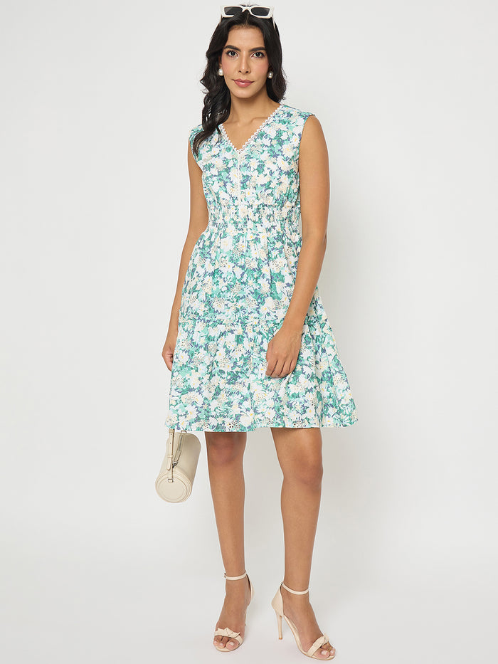 Madame Floral Print Smocked White Fit and Flare Mini Dress