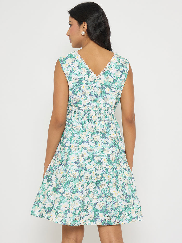 Madame Floral Print Smocked White Fit and Flare Mini Dress