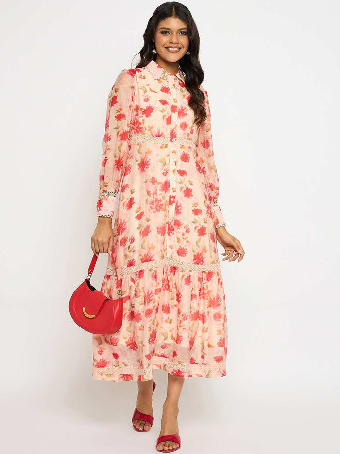 Madame Floral Print Tiered Peach Maxi Shirt Dress