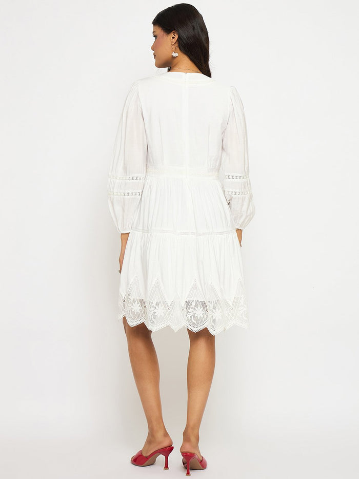 Madame Lace Detailed White Rayon Blend Dress