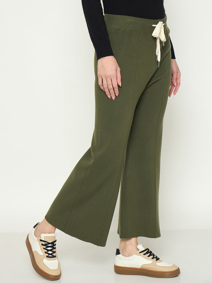 Madame Olive Green Wide Leg Wool Trousers