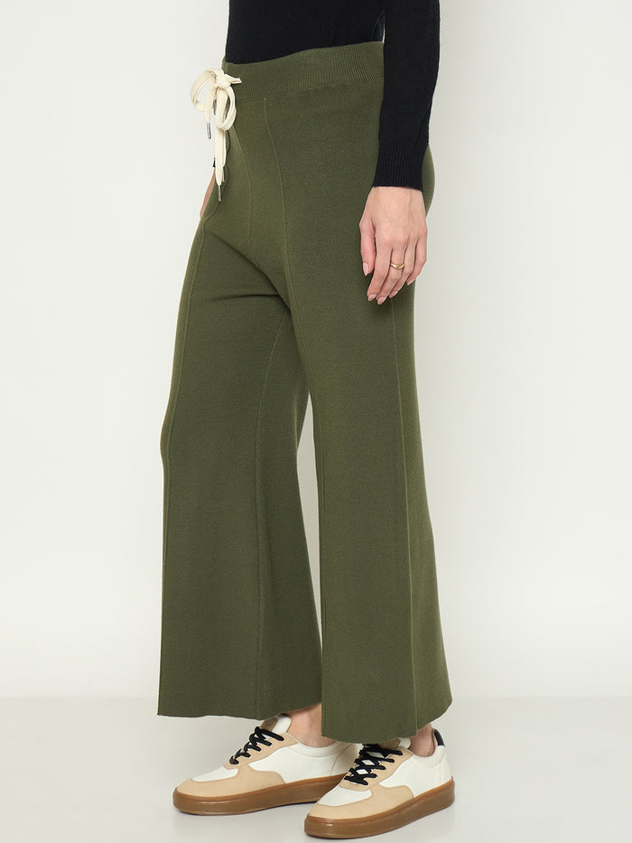 Madame Olive Green Wide Leg Wool Trousers