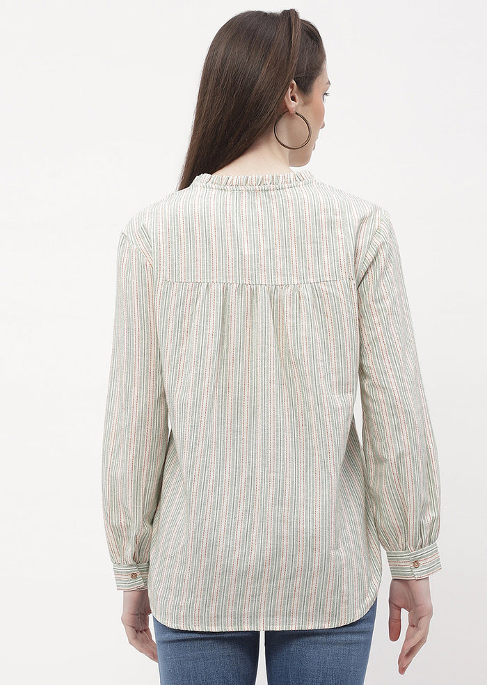 Madame Ruffle Mandarin Collar Green Striped Top