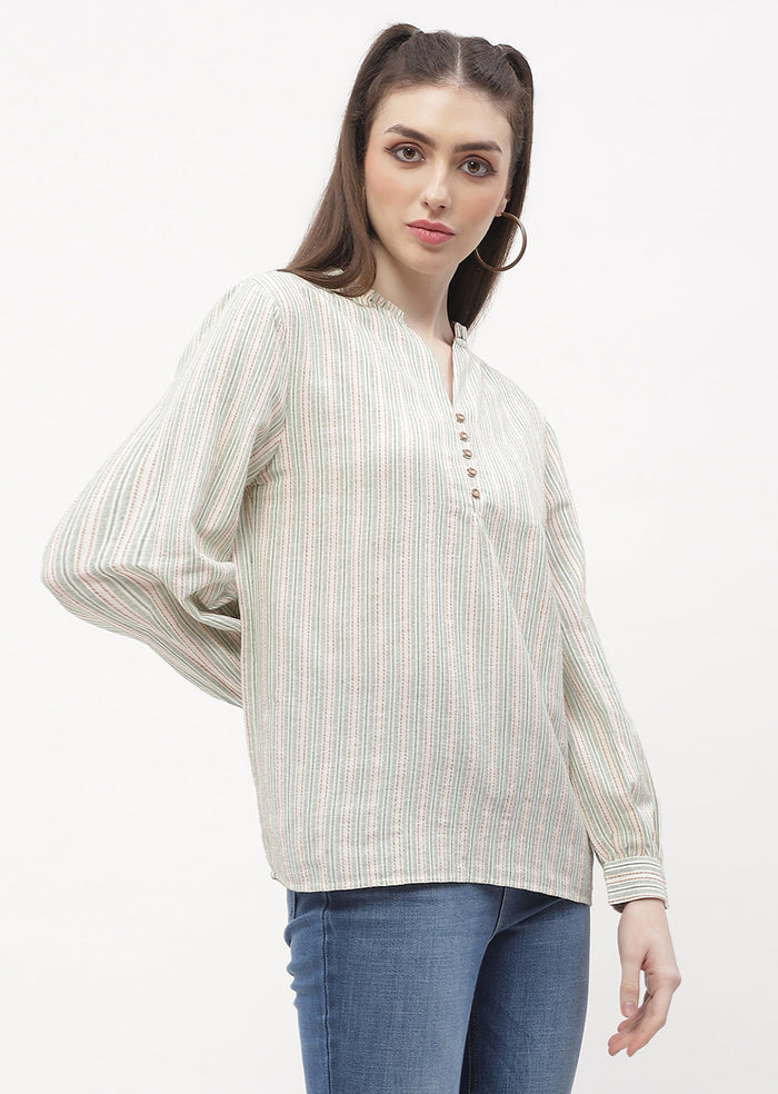 Madame Ruffle Mandarin Collar Green Striped Top