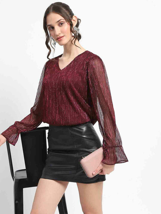 Madame Ruffle Sleeve Plum Shimmery Top