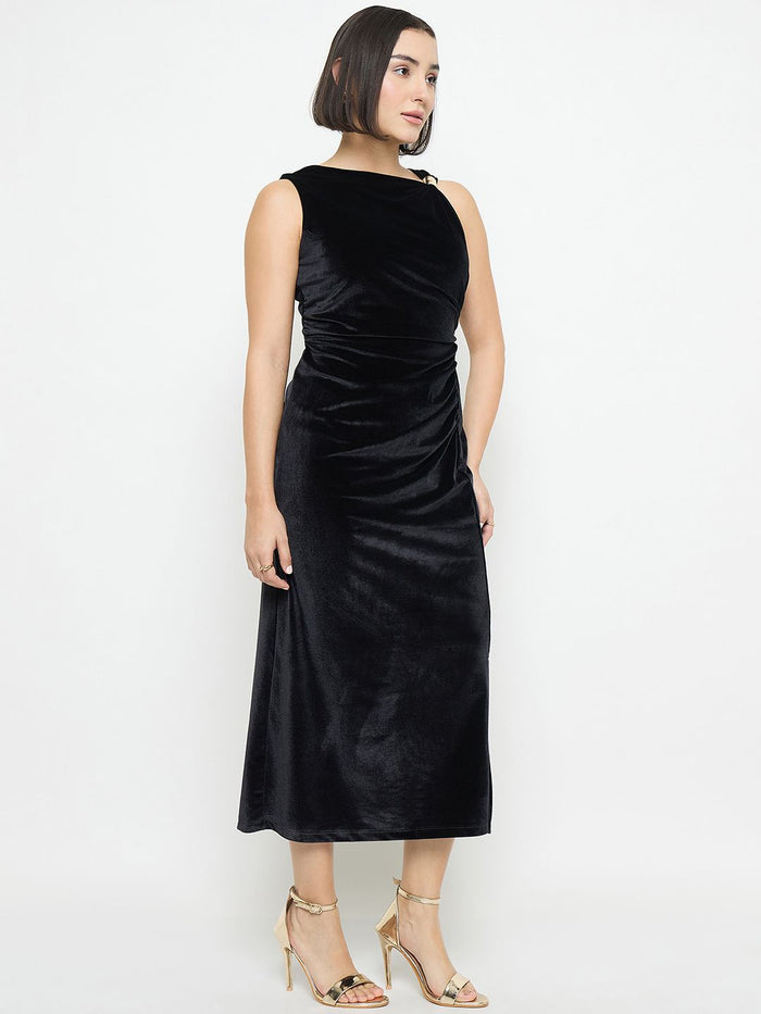 Madame Side Ruched Midi Black Sheath Dress