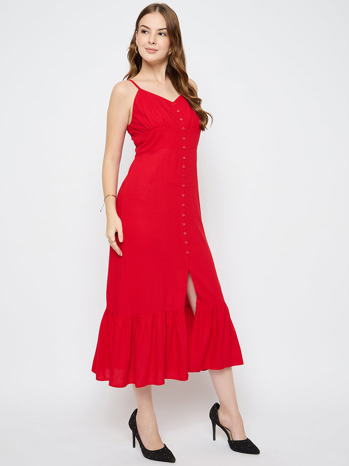 Madame Sleeveless Tiered Red Maxi Rayon Dress