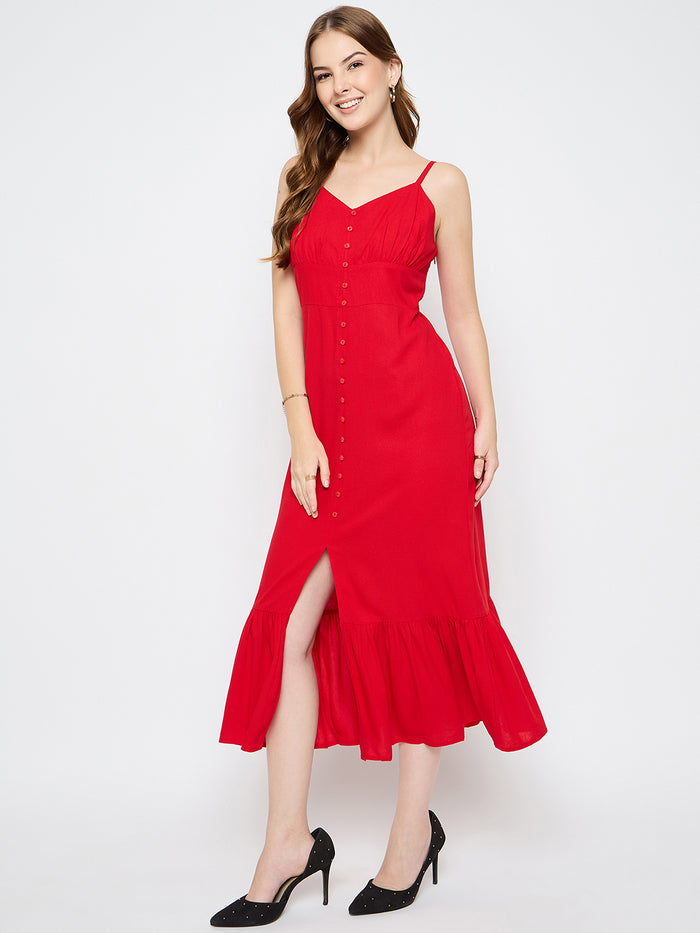 Madame Sleeveless Tiered Red Maxi Rayon Dress