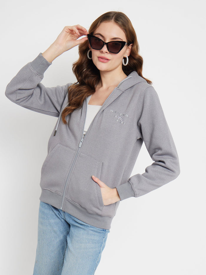 Madame Solid Grey Hooded Sweatshirt