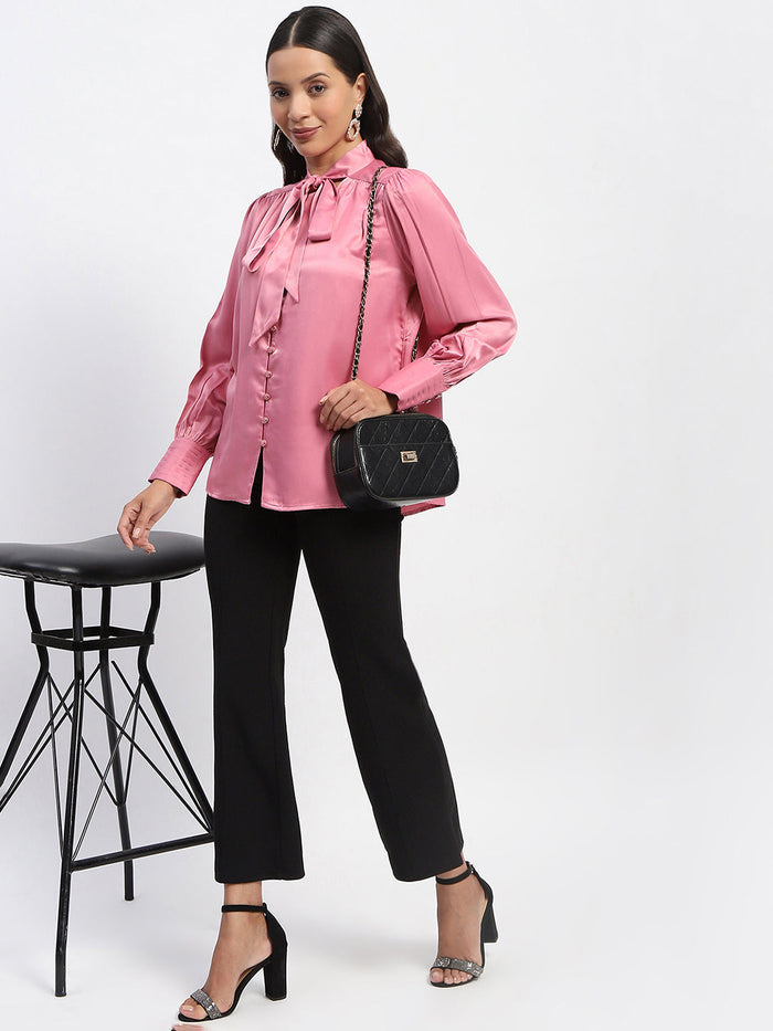 Madame Tie Up Neck Cuffed Sleeve Pink Top