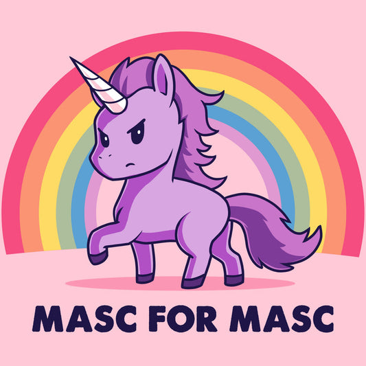 Premium Cotton T-shirt_TeeTurtle light pink Masc for Masc apparel featuring a purple unicorn with a serious expression standing in front of a rainbow. Caption reads, "MASC FOR MASC".