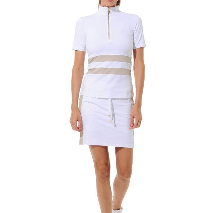 MDC S/S Zip Mock Neck Top - White/Taupe