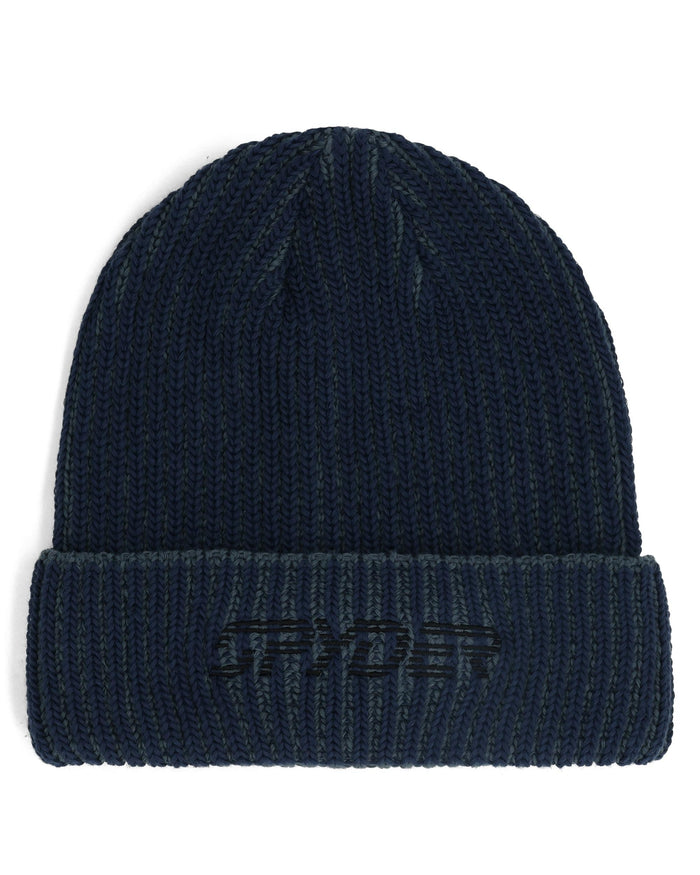 Dark blue knit beanie with 'Spyder' logo on a white background