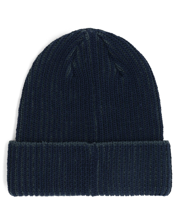 Dark blue knit beanie on a white background