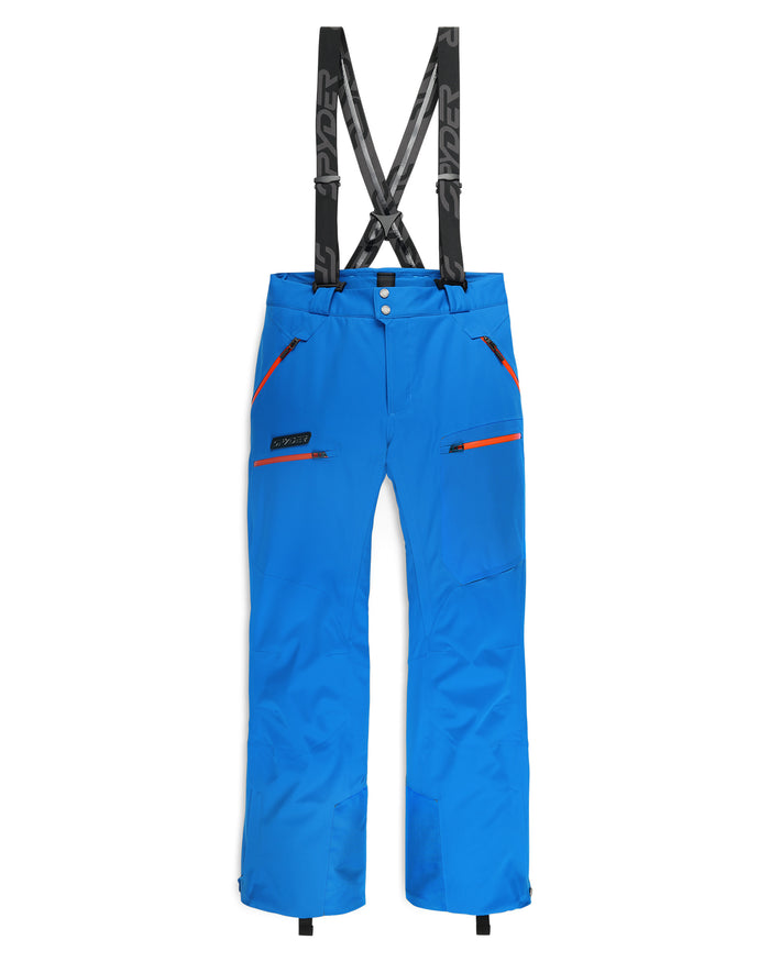 Blue snow pants with black suspenders on a white background