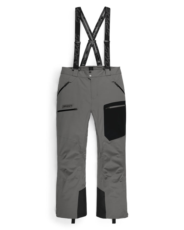 Gray pants with black suspenders on a white background