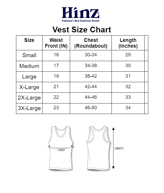 mens fitted vest 100 % cotton(Sleeveless) size chart - Hinz Knit