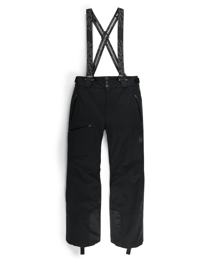 Black snow pants with suspenders on a white background