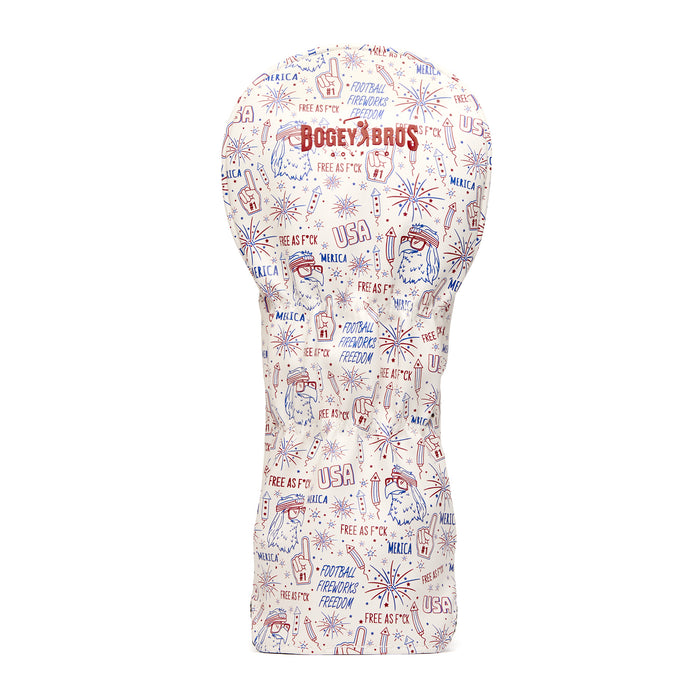 A white golf club headcover with red and blue cartoon graphics and text. Designs include fireworks, eagles, Uncle Sam, “USA,” and phrases like “Freedom” and “America.” The top reads “Bogey Bros.” The pattern repeats over the entire headcover.