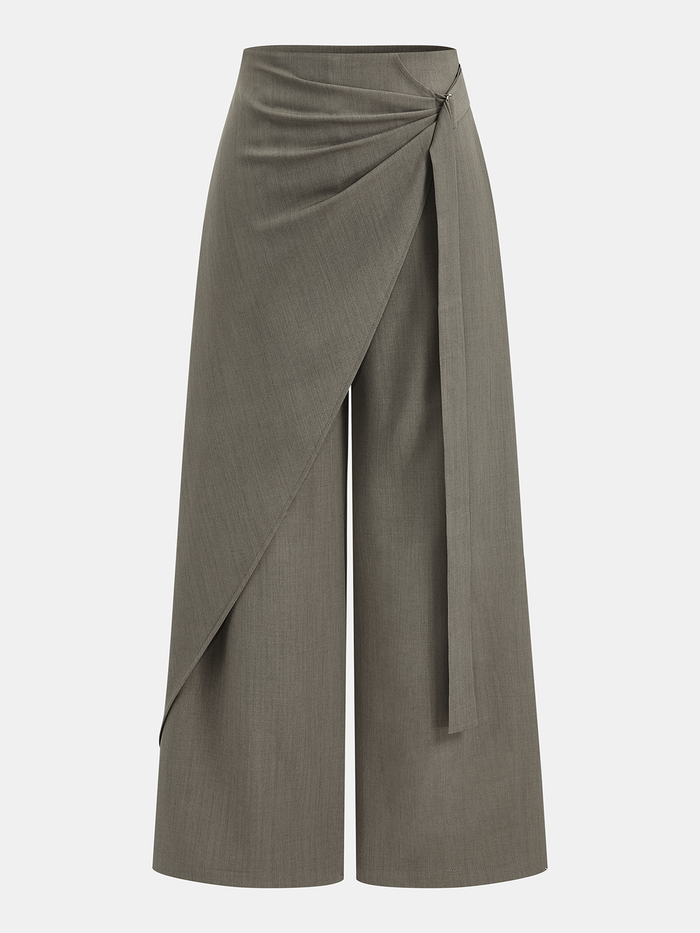 Mid-Waist Wrap-Front Wide-Leg Pants