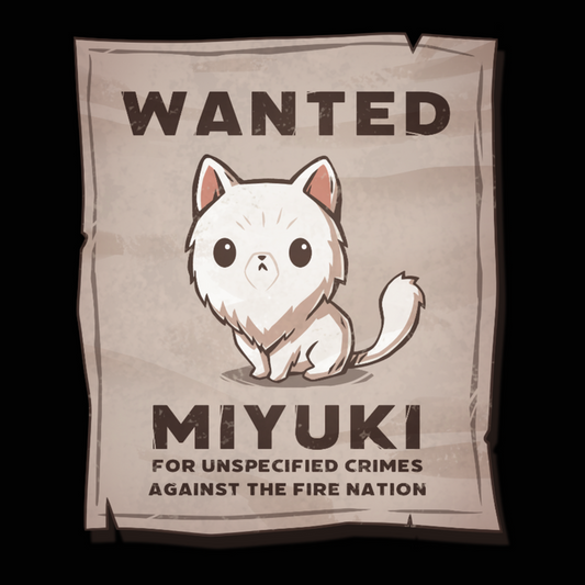 Premium Cotton T-shirt_TeeTurtle black Miyuki Wanted Poster Premium Cotton T-shirt featuring a tattered wanted poster with a drawing of a fluffy frowning white cat wth the text "Wanted Miyuki For Unspecified Crimes Against the Fire Nation".