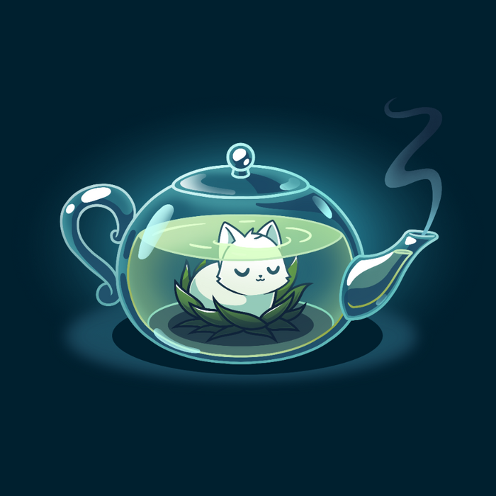 Premium Cotton T-shirt_TeeTurtle navy blue My Inner Tranquili-Tea apparel featuring a white cat sitting in the middle of a green lotus blossom inside a transparent, steaming teapot.